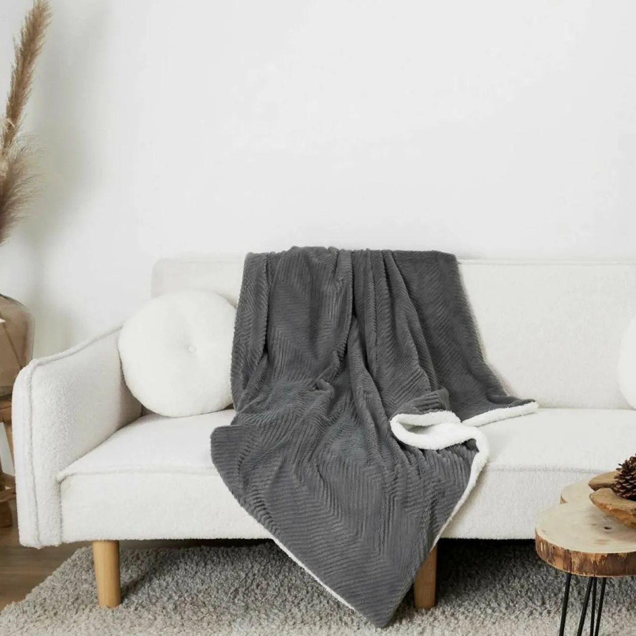 Plaid imitation fourrure sherpa gris - 140x200 cm