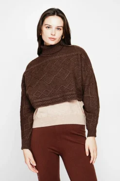 Poncho court col roulé café