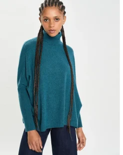 Poncho large 100% Cachemire col roulé Lola heathered teal