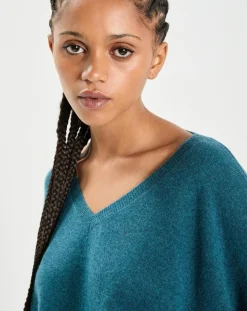 Poncho large 100% Cachemire col V Emma heather teal