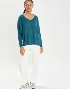 Poncho large 100% Cachemire col V Emma heather teal