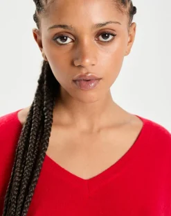 Poncho large 100% Cachemire col V Emma cerise