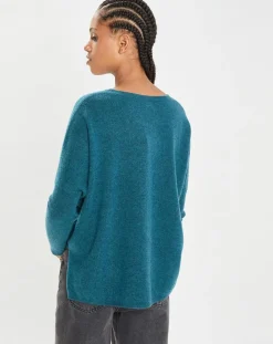 Poncho large 100% Cachemire col rond Alizée heathered teal