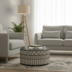 Pouf tribal rond 90 cm Acacia M&M offer Gris argent - 90x90x45 cm