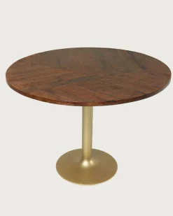 Prague - Table repas ronde en bois massif et pied tulipe doré D110 cm 6 pers