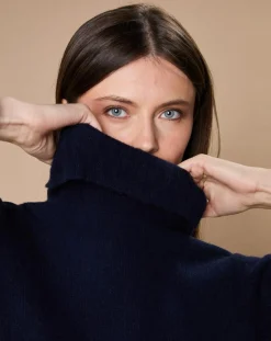 Pull 100% Cachemire 4 fils Audrey col roulé bleu marine