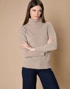 Pull 100% Cachemire 4 fils Audrey col roulé beige foncé