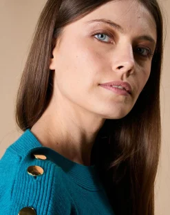 Pull 100% Cachemire 4 fils Jane col bateau bleu paon