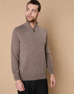 Pull 100% Cachemire 4 fils John col camionneur taupe/bleu