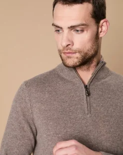 Pull 100% Cachemire 4 fils John col camionneur taupe/bleu