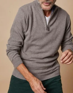 Pull 100% Cachemire 4 fils John col camionneur taupe foncé/bleu