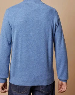 Pull 100% Cachemire 4 fils John col camionneur bleu denim clair/gris