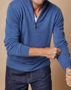 Pull 100% Cachemire 4 fils John col camionneur bleu denim foncé/gris