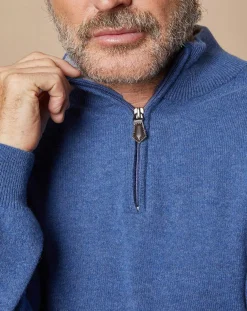 Pull 100% Cachemire 4 fils John col camionneur bleu denim foncé/gris