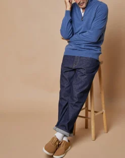 Pull 100% Cachemire 4 fils John col camionneur bleu denim foncé/gris