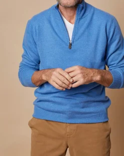 Pull 100% Cachemire 4 fils John col camionneur bleu vif/gris