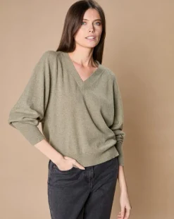 Pull 100% Cachemire 4 fils Romy col V profond kaki clair