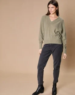 Pull 100% Cachemire 4 fils Romy col V profond kaki clair