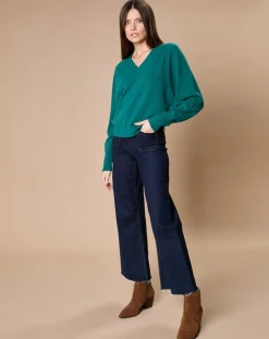 Pull 100% Cachemire 4 fils Romy col V profond vert canard