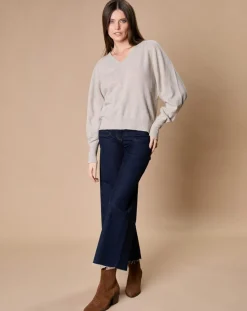 Pull 100% Cachemire 4 fils Romy col V profond écru chiné