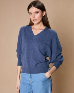 Pull 100% Cachemire 4 fils Romy col V profond bleu denim