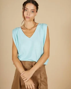 Pull 100% Cachemire Bella épaulettes bleu océan