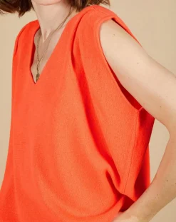 Pull 100% Cachemire Bella épaulettes corail fluo