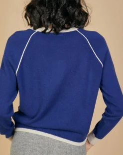 Pull 100% Cachemire Bertha col rond manches raglan bicolore nautique/greige