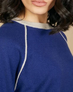 Pull 100% Cachemire Bertha col rond manches raglan bicolore nautique/greige