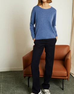 Pull 100% Cachemire Clémence Col rond bleu chiné
