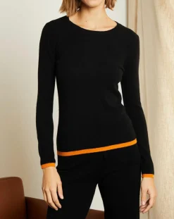 Pull 100% Cachemire col rond bicolore noir/orange