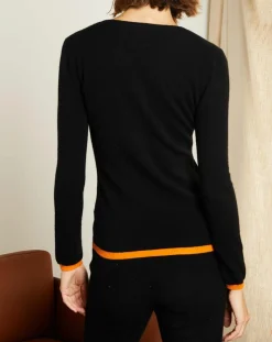 Pull 100% Cachemire col rond bicolore noir/orange