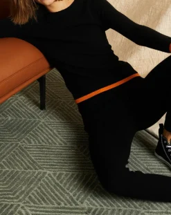 Pull 100% Cachemire col rond bicolore noir/orange