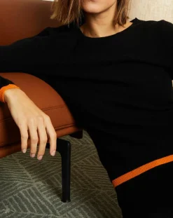 Pull 100% Cachemire col rond bicolore noir/orange