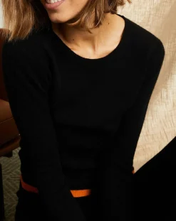 Pull 100% Cachemire col rond bicolore noir/orange
