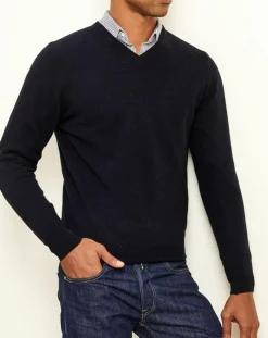 Pull 100% Cachemire col V Dublin bleu marine