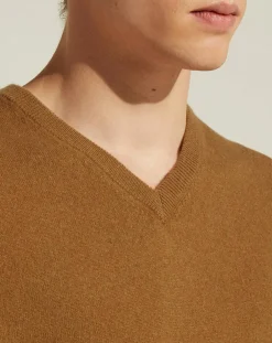 Pull 100% Cachemire col V Uni Nachve marron