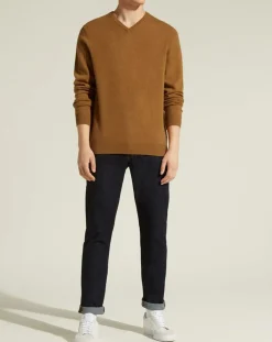 Pull 100% Cachemire col V Uni Nachve marron