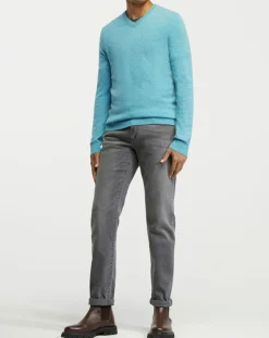 Pull 100% Cachemire col V Uni Nachve bleu