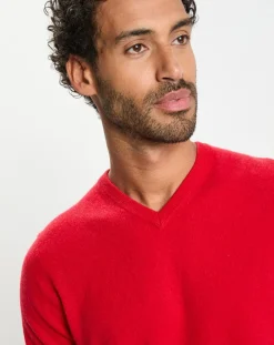 Pull 100% Cachemire col V Uni Nachve rouge
