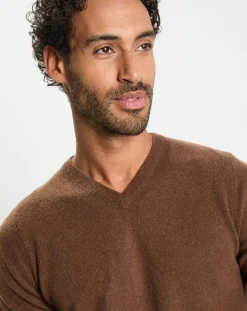 Pull 100% Cachemire col V Uni Nachve marron