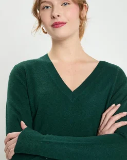Pull 100% Cachemire Col V Zocon vert sapin
