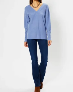 Pull 100% Cachemire Frani col V bleu lavande