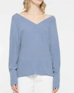 Pull 100% Cachemire Frani col V bleu lavande