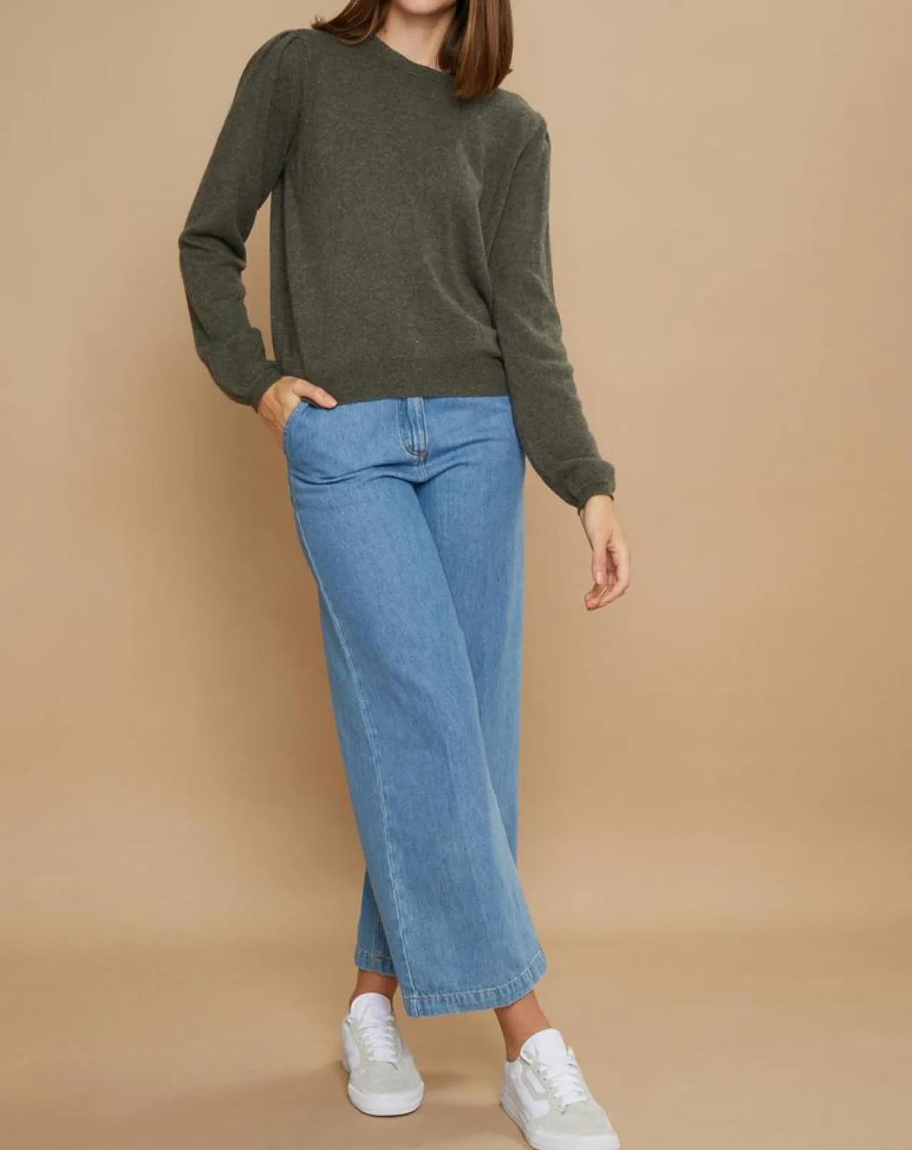 Pull 100% Cachemire Ines col rond tressé kaki grisé