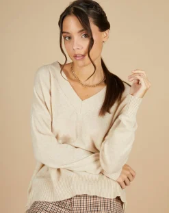 Pull 100% Cachemire Iris Col V profond oversize blé