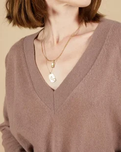 Pull 100% Cachemire Iris Col V profond oversize taupe