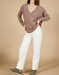Pull 100% Cachemire Iris Col V profond oversize taupe