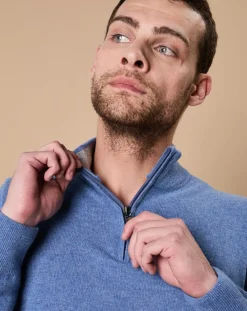 Pull 100% Cachemire John col camionneur bleu denim/gris