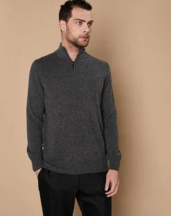 Pull 100% Cachemire John col camionneur gris anthracite/marine